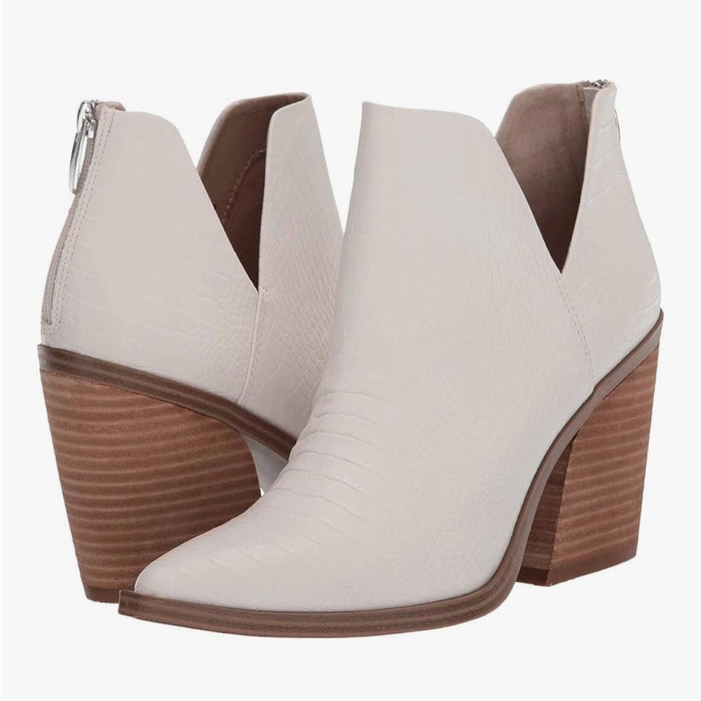 NWT-Slip on Ankle Boots V Cutout Pointed Toe Chunky Stacked Mid Heel Booties
